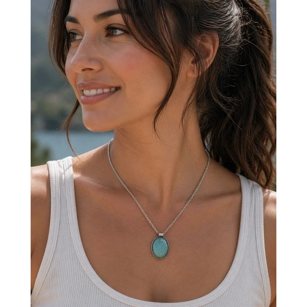 Turquoise Colored Stone Pendant 1.625 in Necklace‎ Silvertone Box Chain 20-22 in